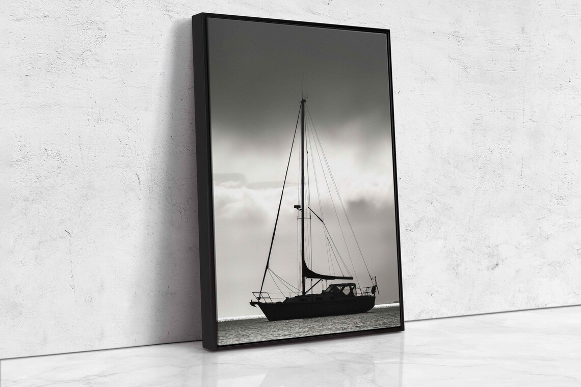 Anchored Sailboat Silhouette Moody Monochrome Nautical Photo Print - Image 4