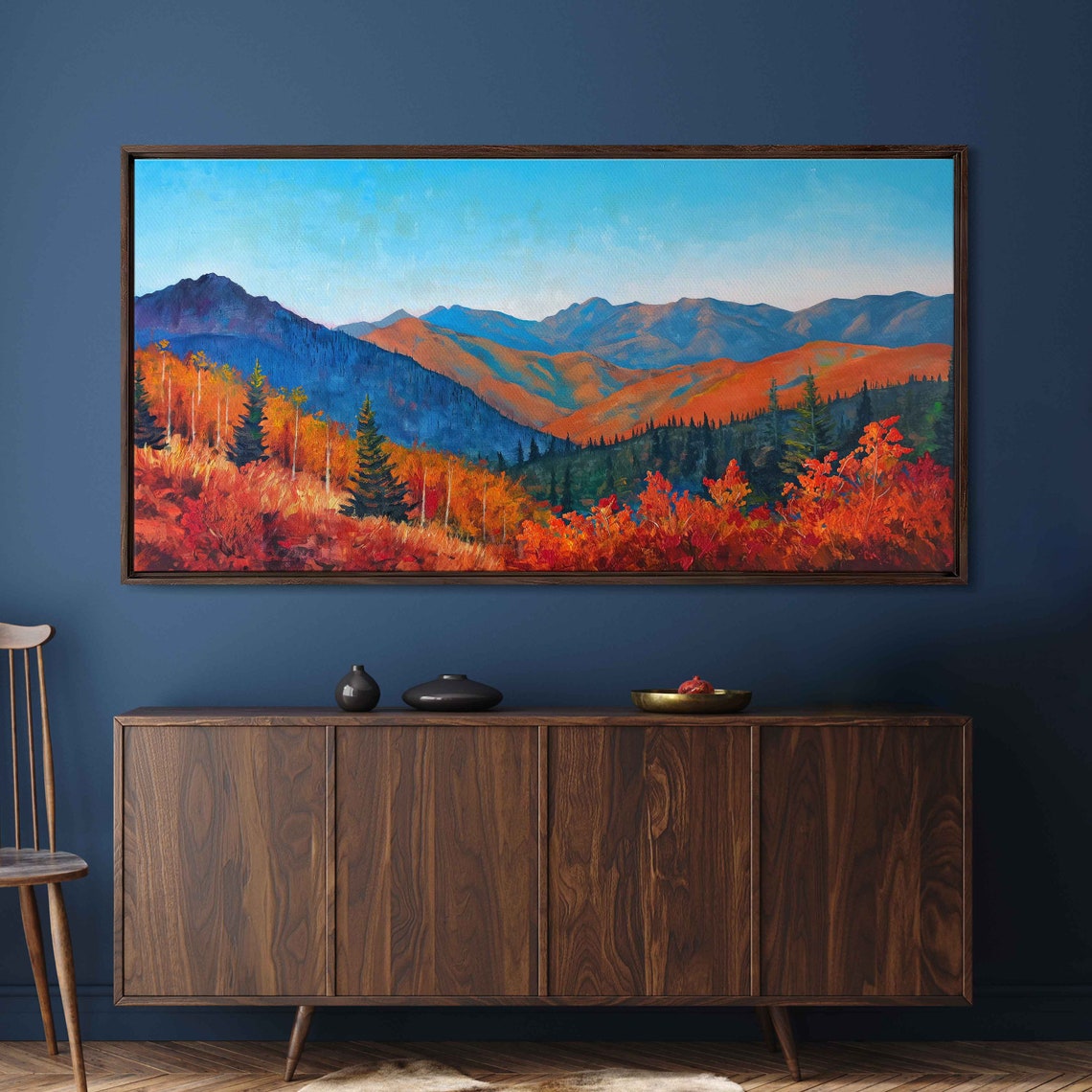 Autumn Mountain Range Fiery Foliage Peaks Blue Sky Nature Poster