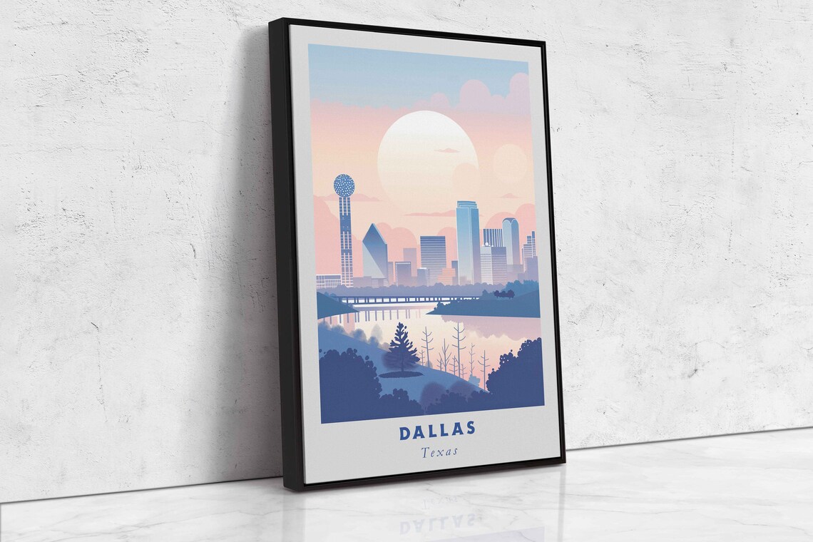 Dallas Texas Skyline Reunion Tower Sunset River View Travel Poster - Image 2