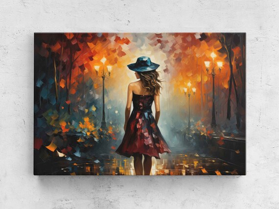 Palette Knife Woman Red Dress Blue Hat Autumn Street Walk Art Print