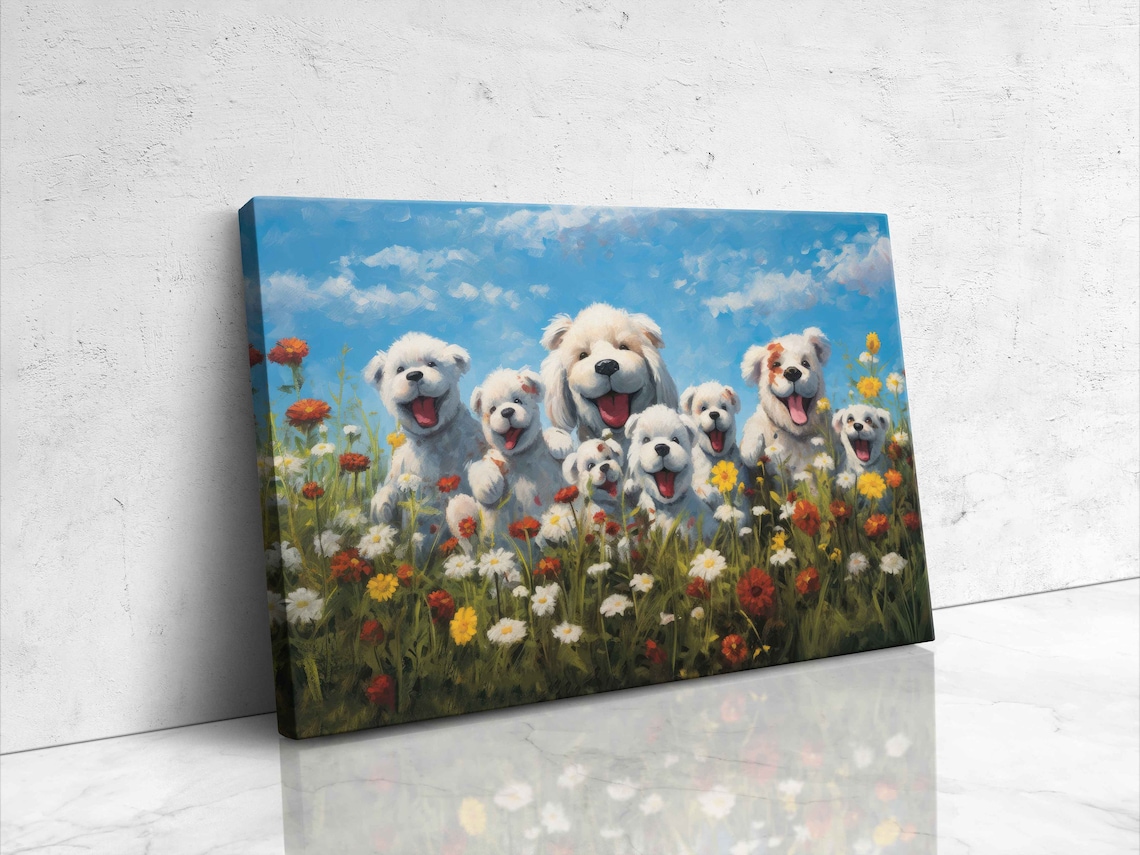 Happy White Puppies in Colorful Wildflower Field Dog Painting Poster - Image 4
