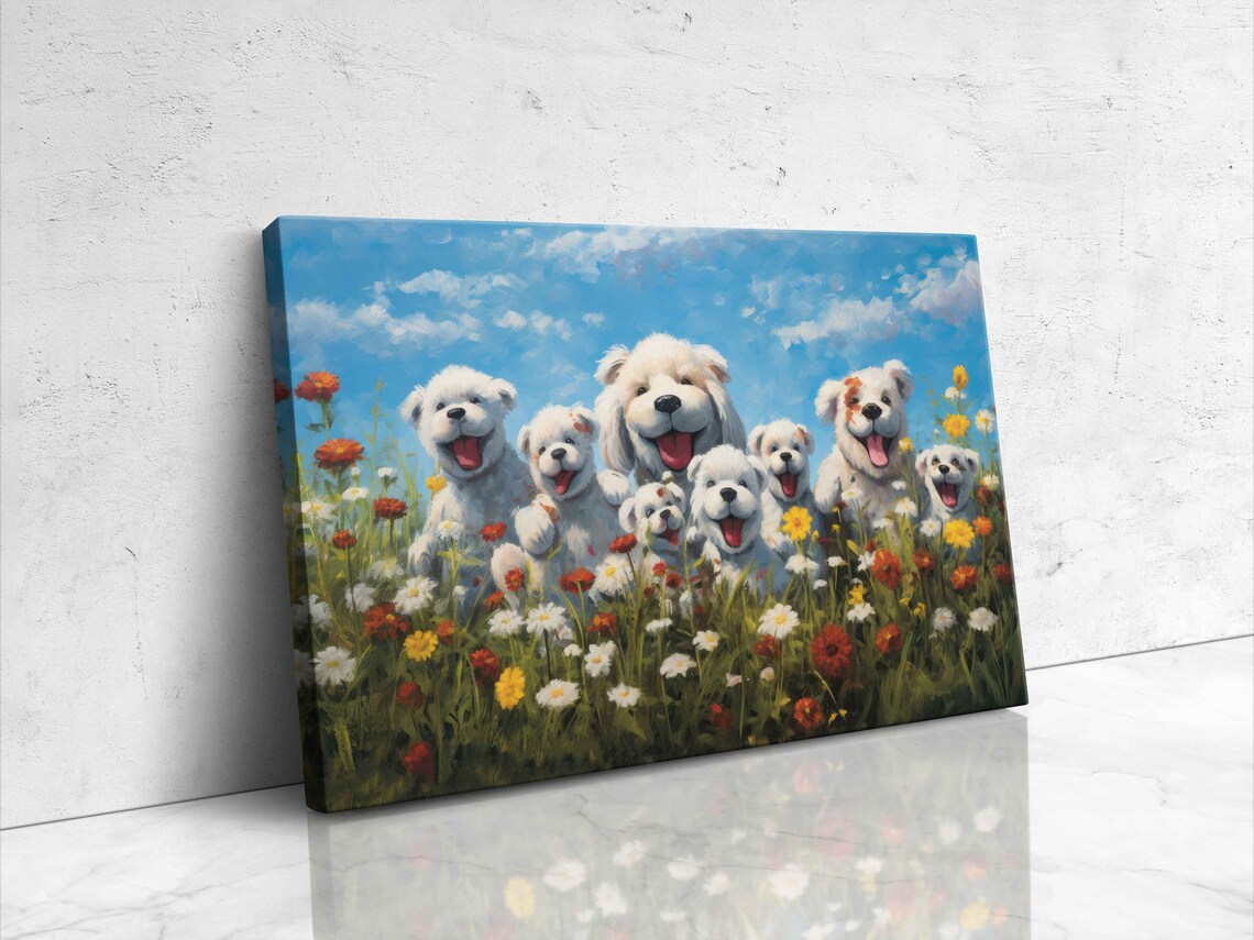 Pack Of Cute Happy Dogs In A Field Of Wildflowers Painting Framed Print Ready To Hang Happy And Uplifting Art - Image 4