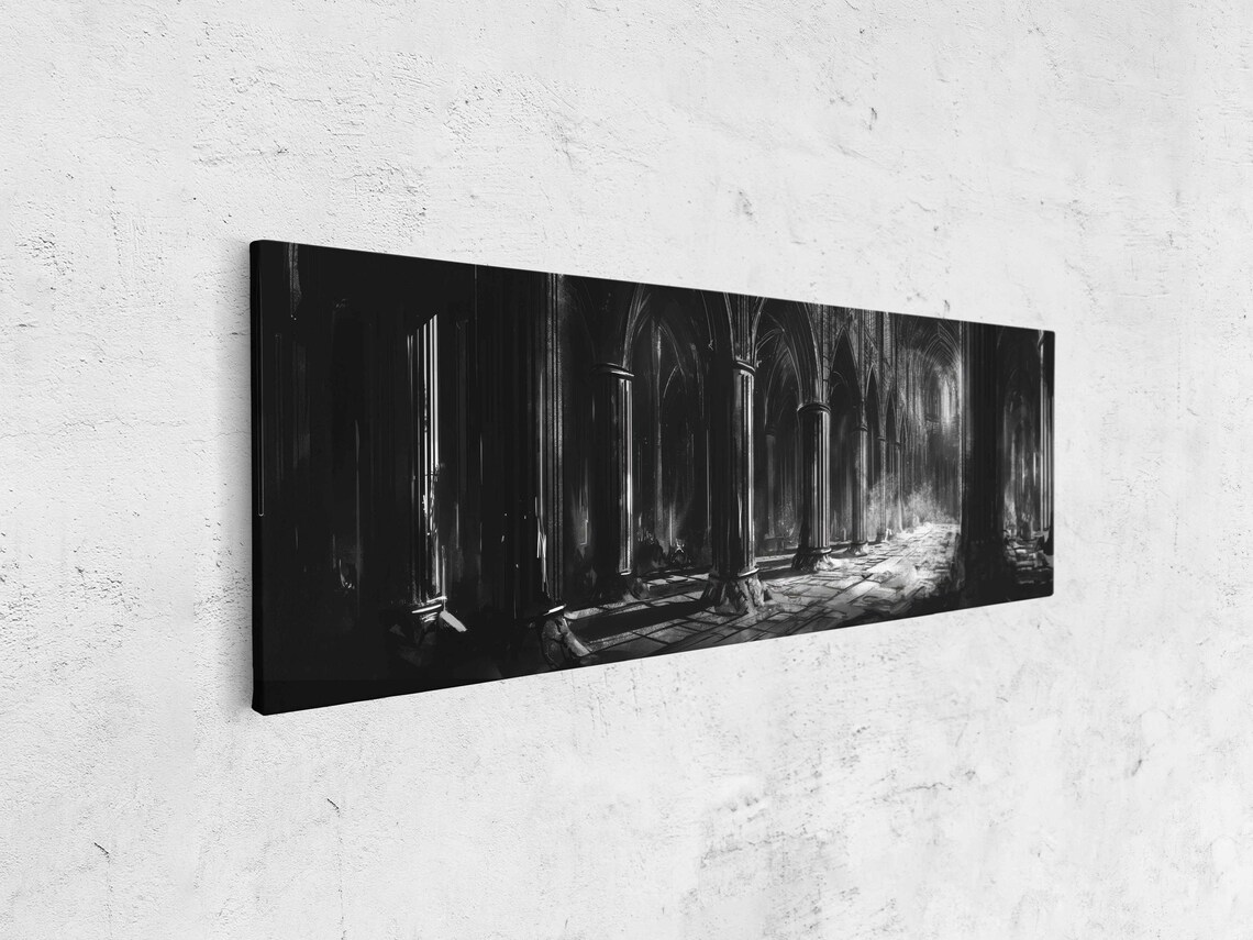 Gothic Cathedral Interior With Towering Dark Arches Ink Painting Wall Art Poster - Image 4