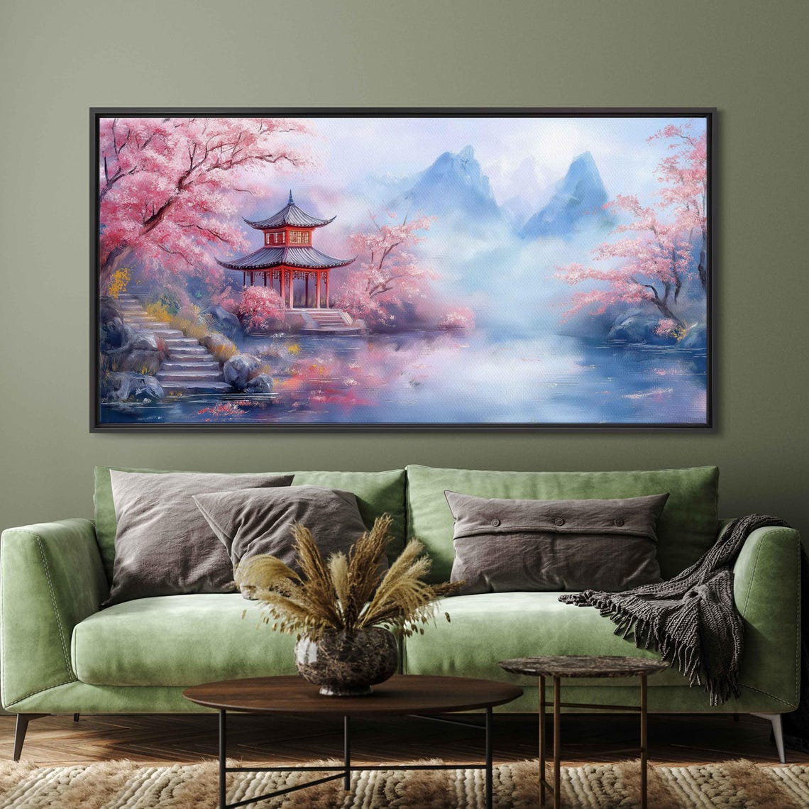 Cherry Blossom Pavilion Lakeside Mountains Asian Landscape Poster