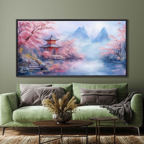 Cherry Blossom Pavilion Lakeside Mountains Asian Landscape Poster