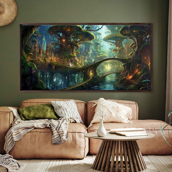 Enchanted Forest Village Winding Bridges Fireflies Fantasy Art Wall Art Print Ready To Hang Panoramic Painting