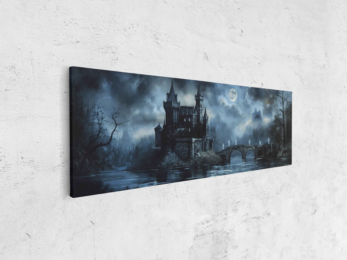 Haunted Castle With Drawbridge Full Moon Ghosts Foggy Night Poster - Image 4