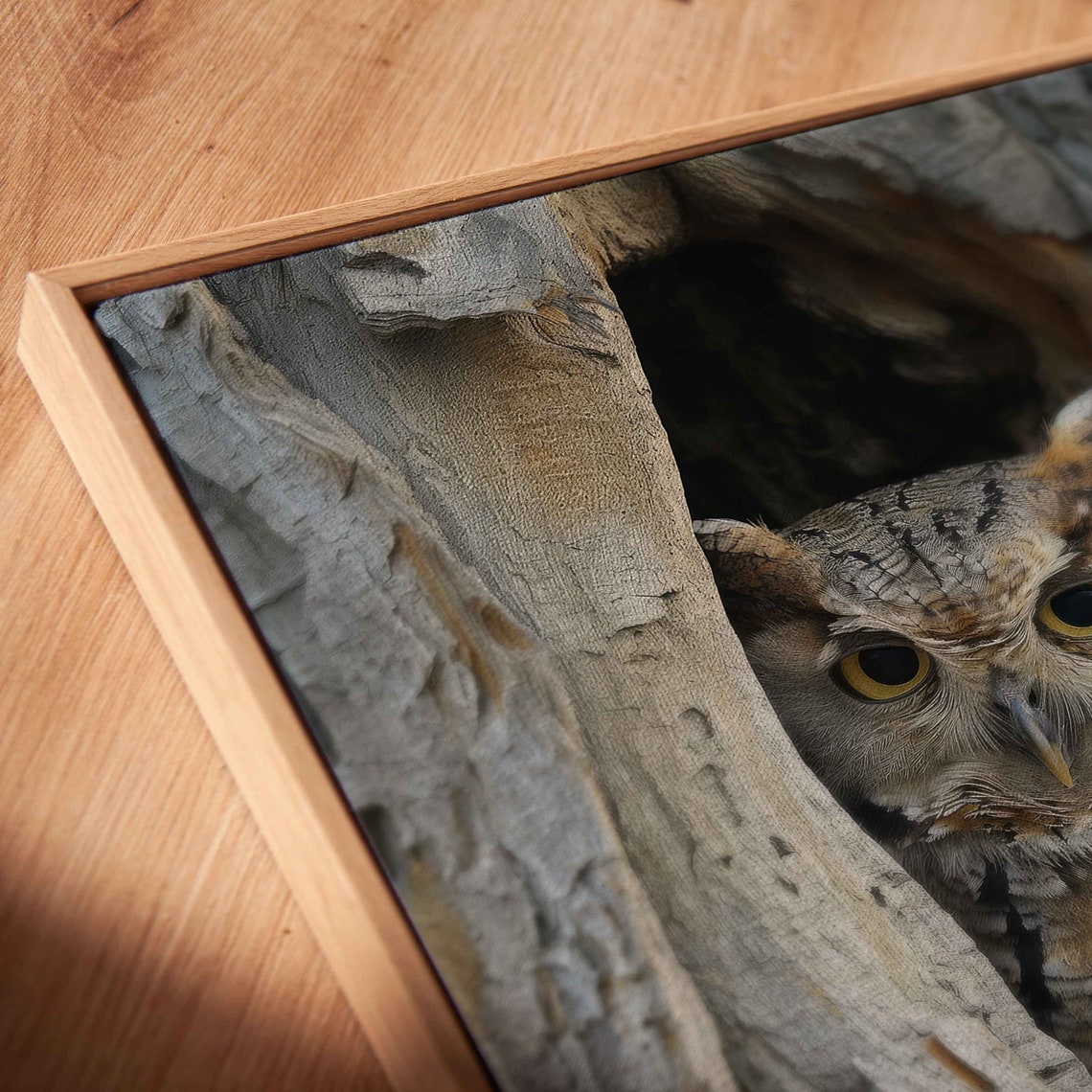 Great Horned Owl Peeking From Tree Hollow Wildlife Art Print - Image 2