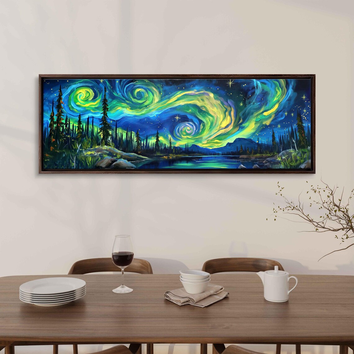 Starry Night Aurora Swirls Over Pine Forest Lake Green Blue Wall Poster - Image 3