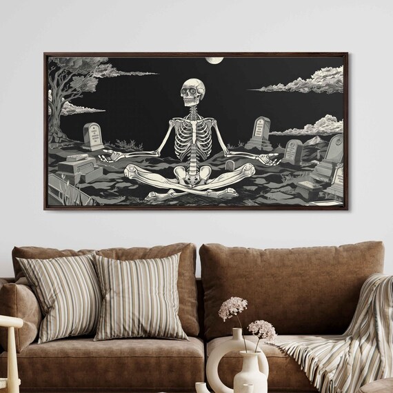 Skeleton Meditating in Moonlit Graveyard Whimsical Ink Art Halloween Poster