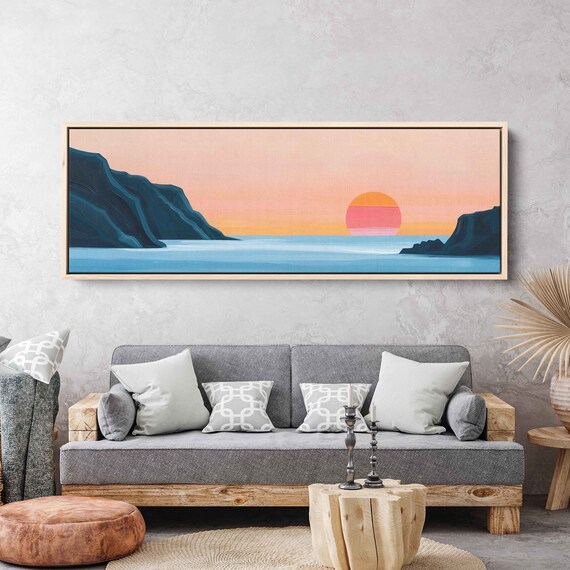 Minimalist Ocean Sunset Panoramic Pink Sun Blue Cliffs Calm Sea Art Poster