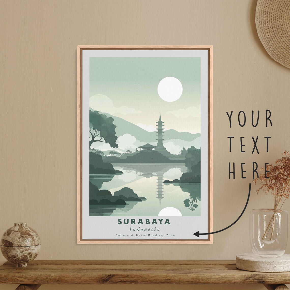 Surabaya Indonesia Misty Pagoda Lake Green Art Travel Poster - Image 3