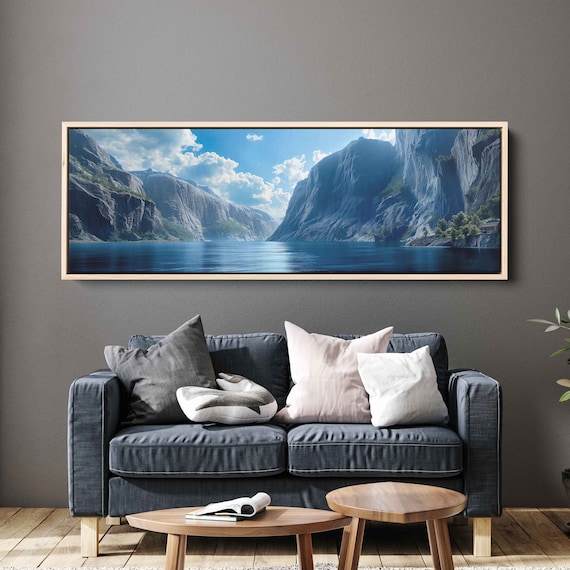 Norwegian Fjords Panoramic Wall Art Print Deep Mountain Valleys Gift For Traveler Nature Painting Lake Art Ready To Hang