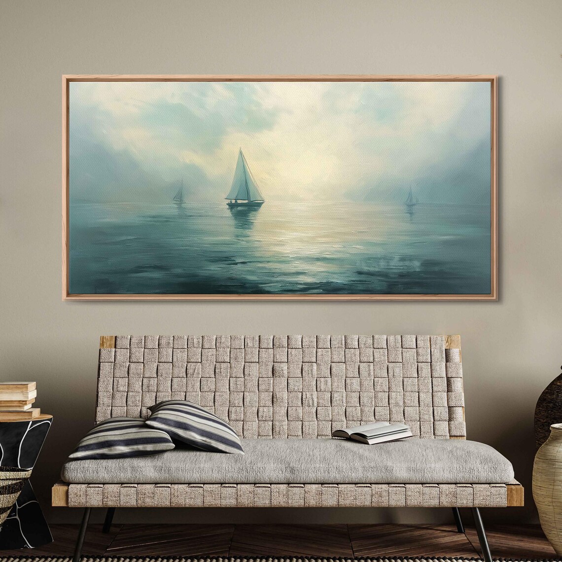 Misty Ocean Morning Sailboats Soft Pastel Sunrise Seascape Poster