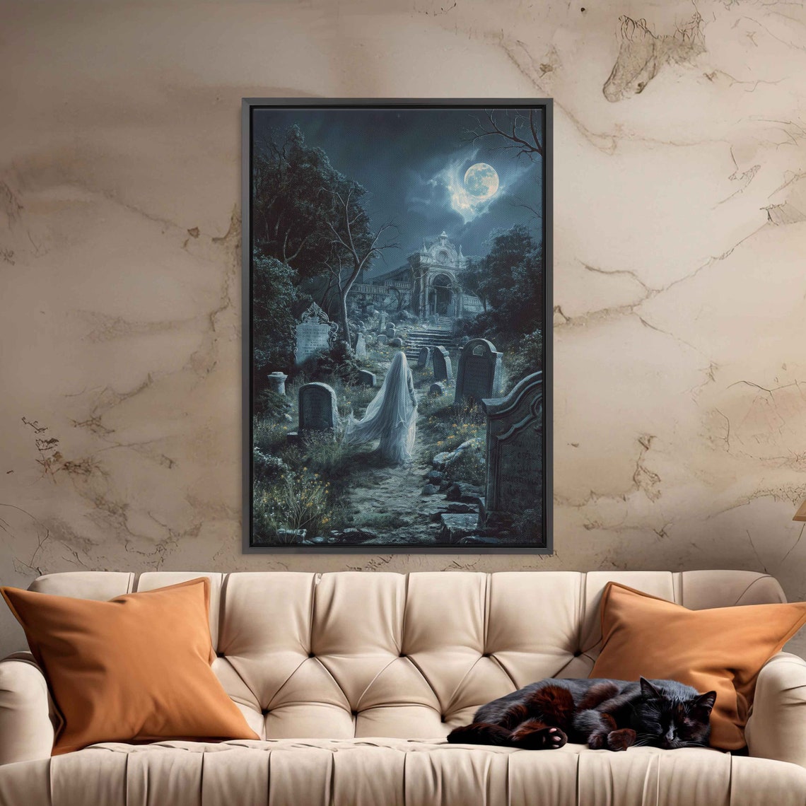 Ghostly Bride In Overgrown Cemetery Moonlit Night Spooky Poster - Image 3