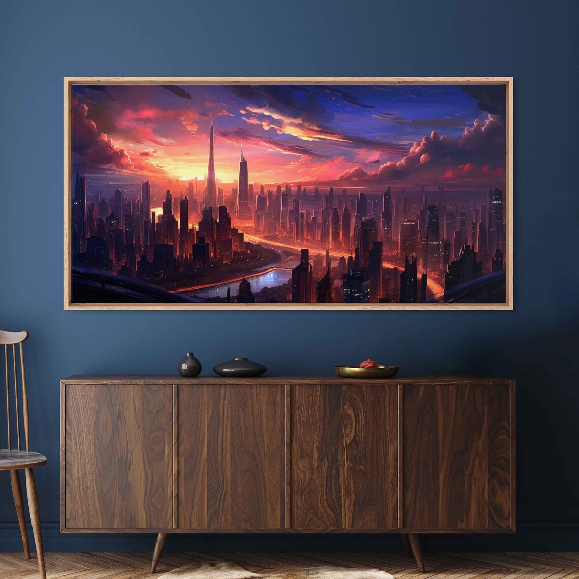 Neon City Skyline Sunset River Lights Vibrant Urban Night Poster - Image 3