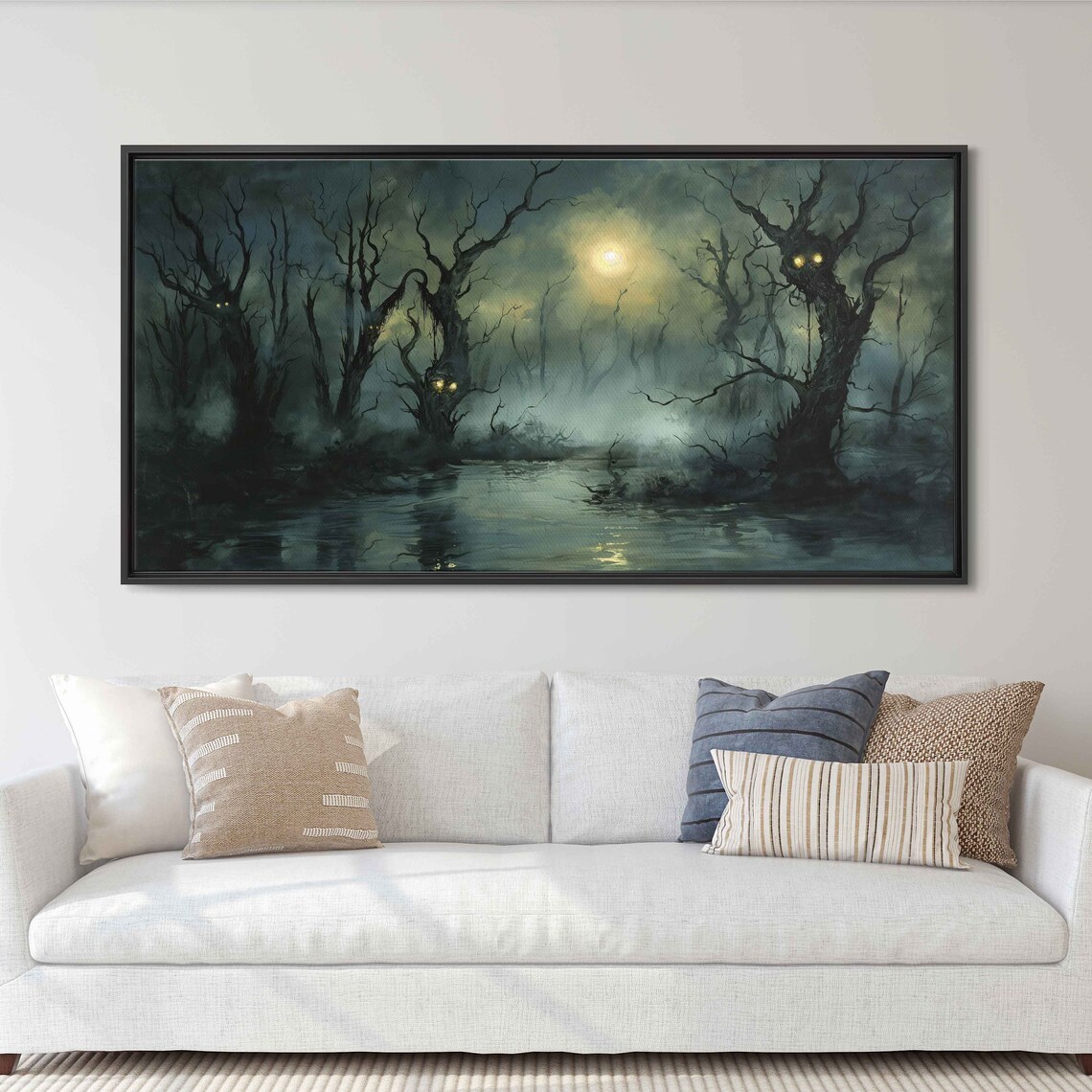 Moonlit Misty Swamp Twisted Dead Trees Glowing Eyes Foggy Print - Image 3