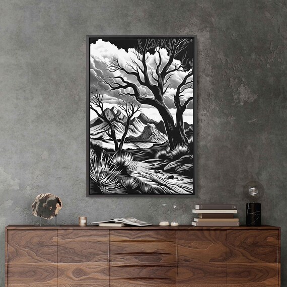 Simple Desert Field Landscape In Black And White Wall Art Print Monochromatic Painting Bare Trees Ready To Hang