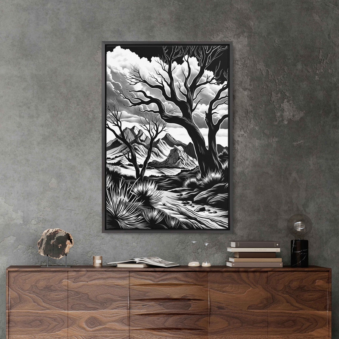 Black And White Desert Mountains Bare Trees Illustration Print