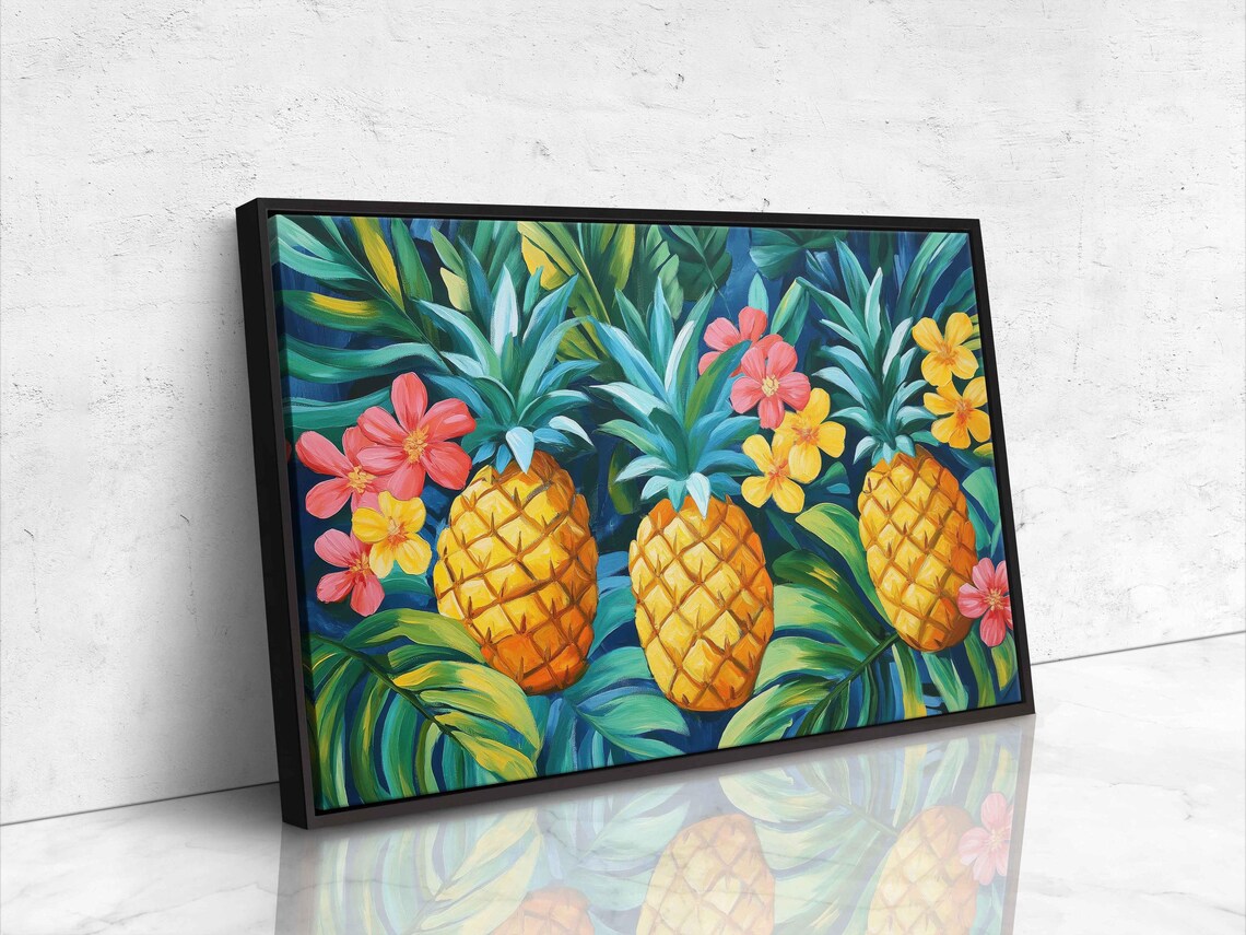 Golden Pineapples Palm Leaves Coral Flowers Tropical Art Poster - Image 4