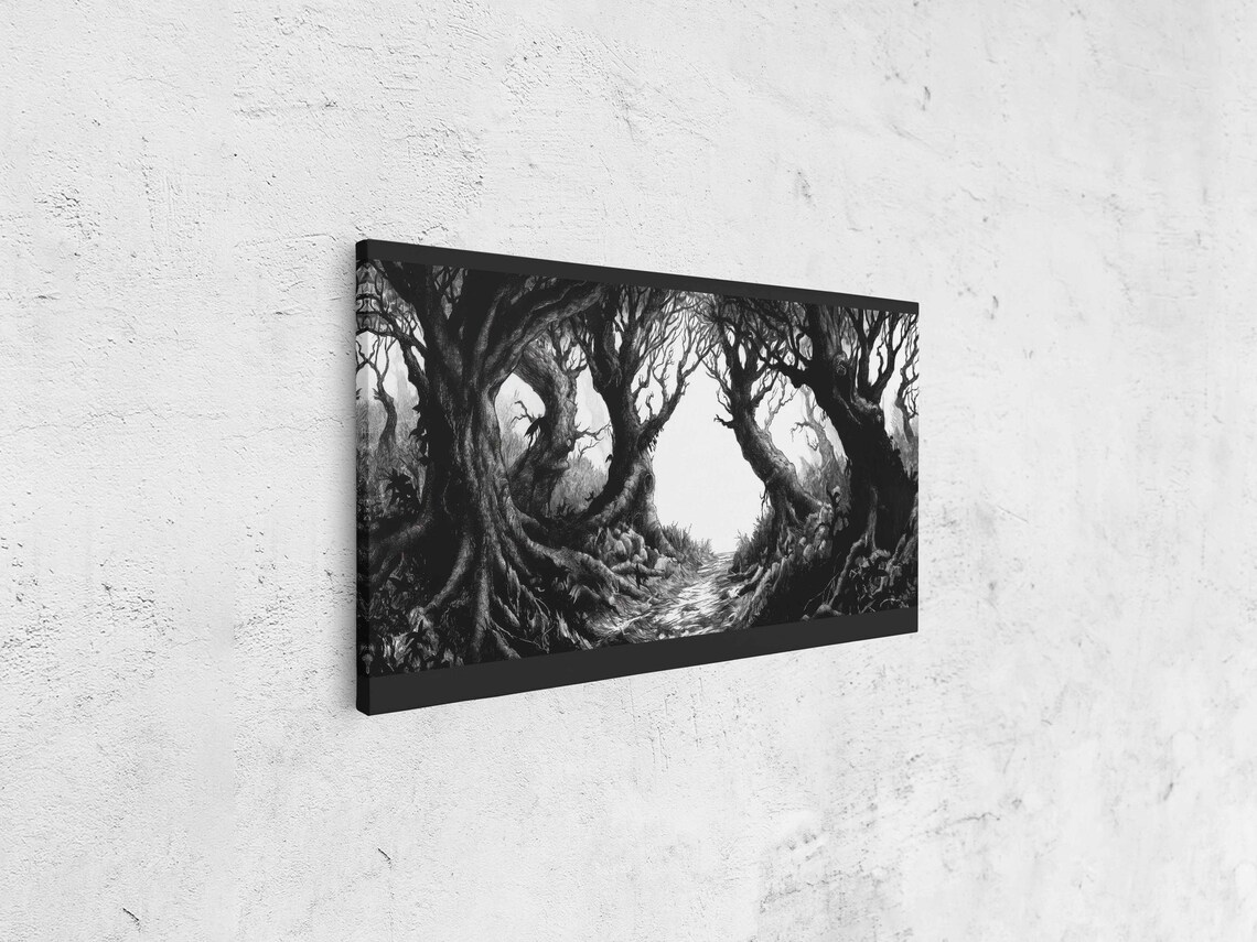 Archway of Leaning Gnarled Trees Over Winding Path Ink Halloween Poster - Image 4