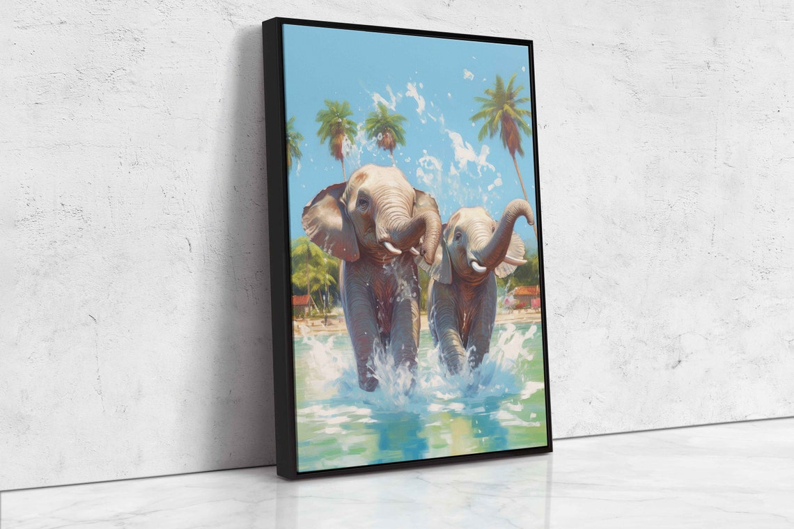 Pair Of Cute Elephants Running Through Water Framed Print Ready To Hang Wildlife Painting - Image 4