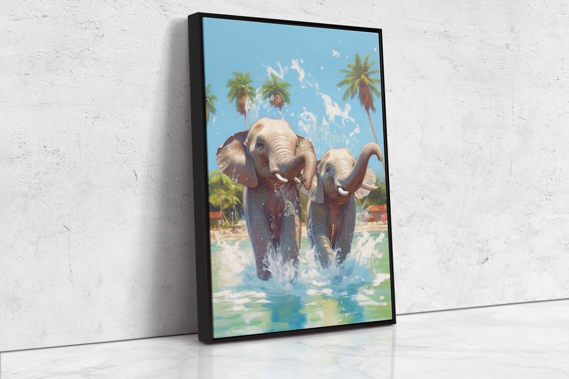 Two Elephants Splashing Tropical Water Playful Wildlife Art Print - Image 4