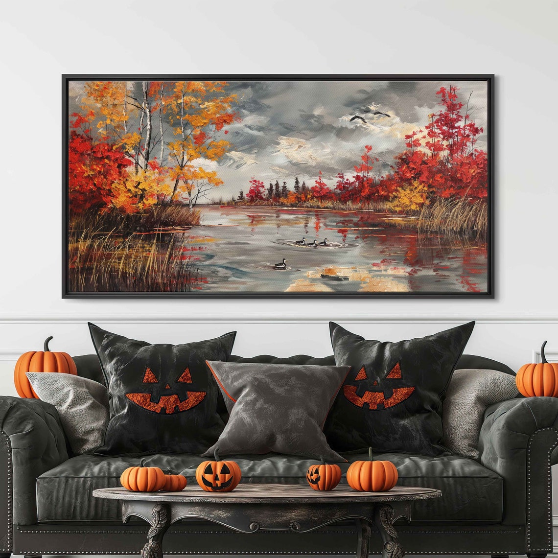 Tranquil Autumn Pond Ducks Swimming Fiery Foliage Lake Scene Poster