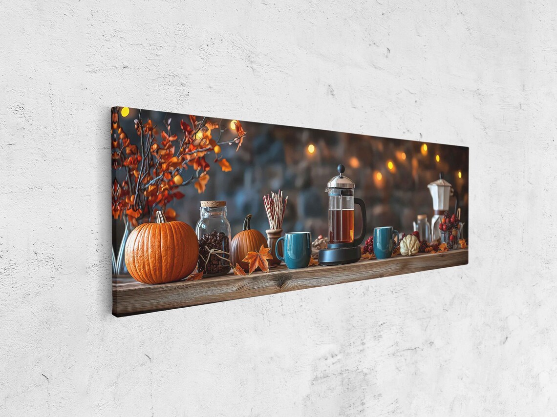 Cozy Coffee Table Still Life French Press Pumpkins Autumn Leaves Print - Image 4