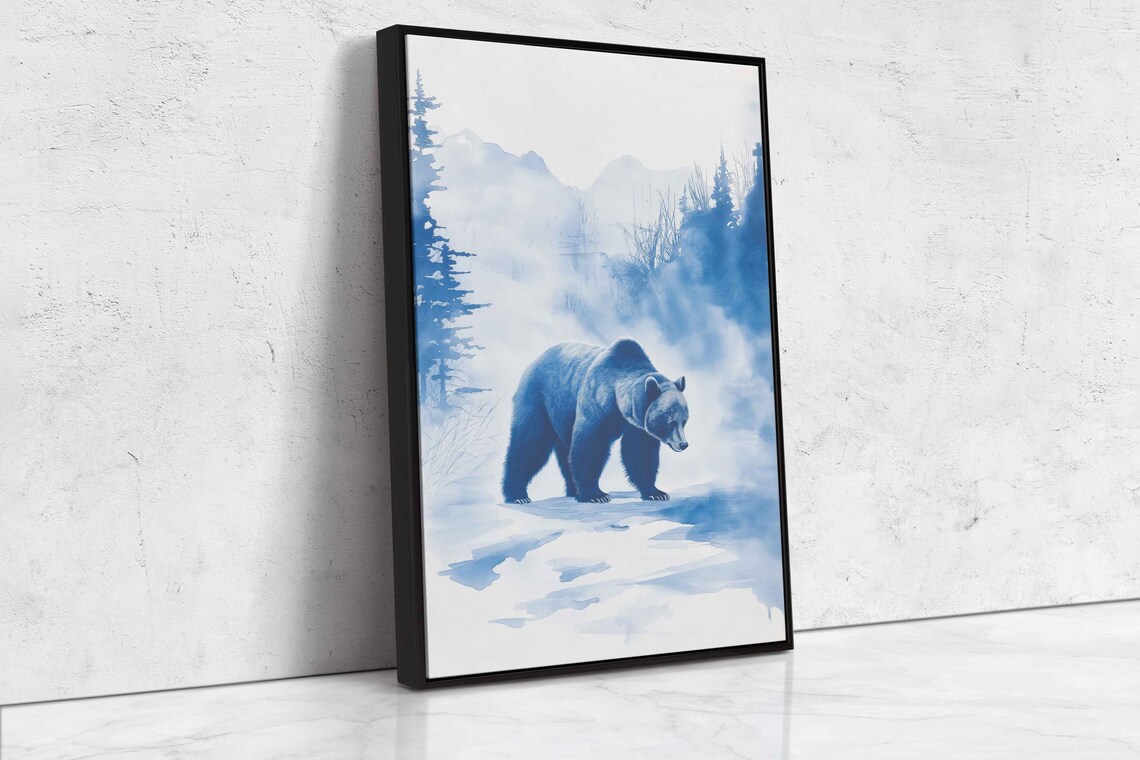 Grizzly Bear In Snowy Landscape Minimalist Blue Watercolor Art Poster - Image 4