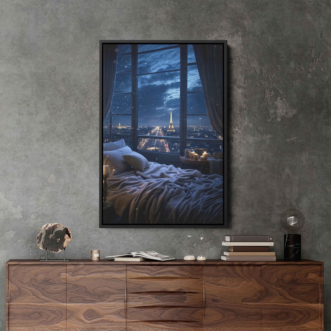 Eiffel Tower Starry Night View From Cozy Bed Window Candles Poster - Image 2
