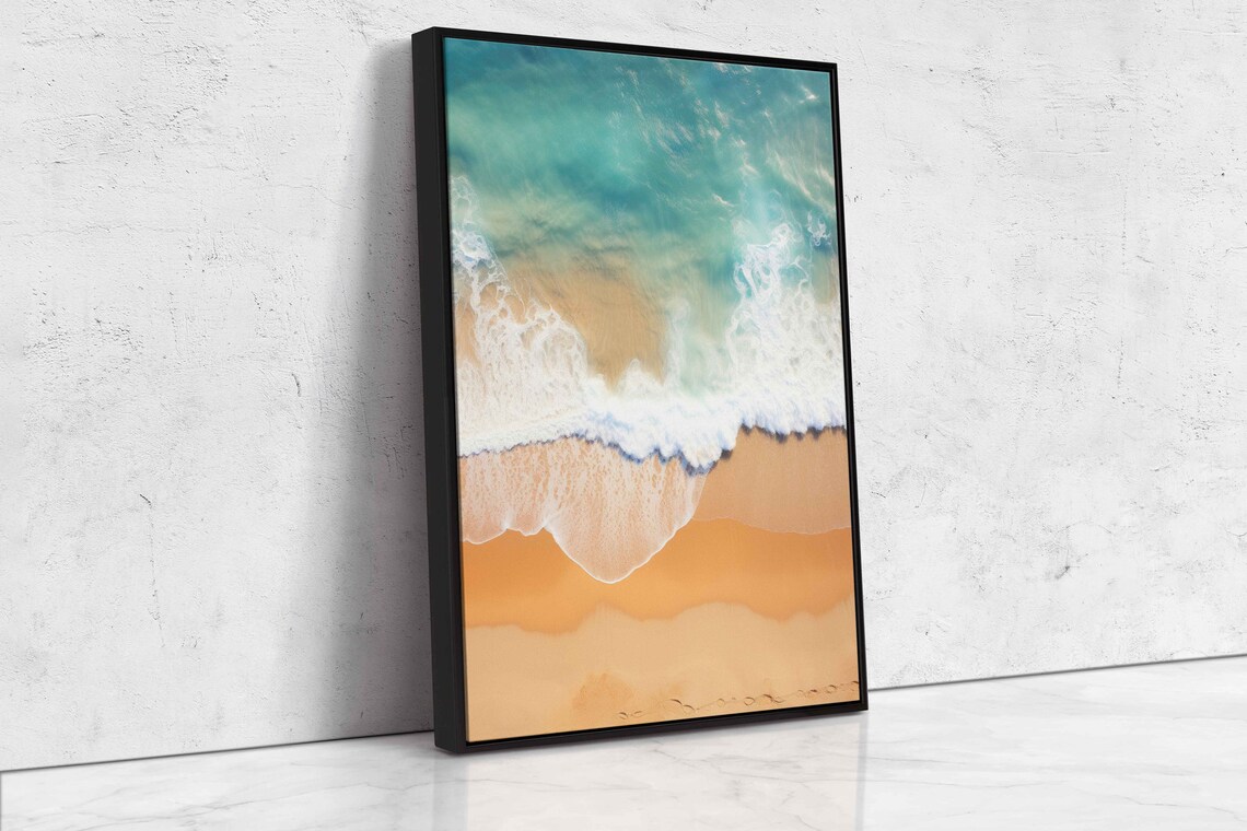 Aerial Ocean Wave Breaking Golden Sand Turquoise Water Beach Art Print - Image 4