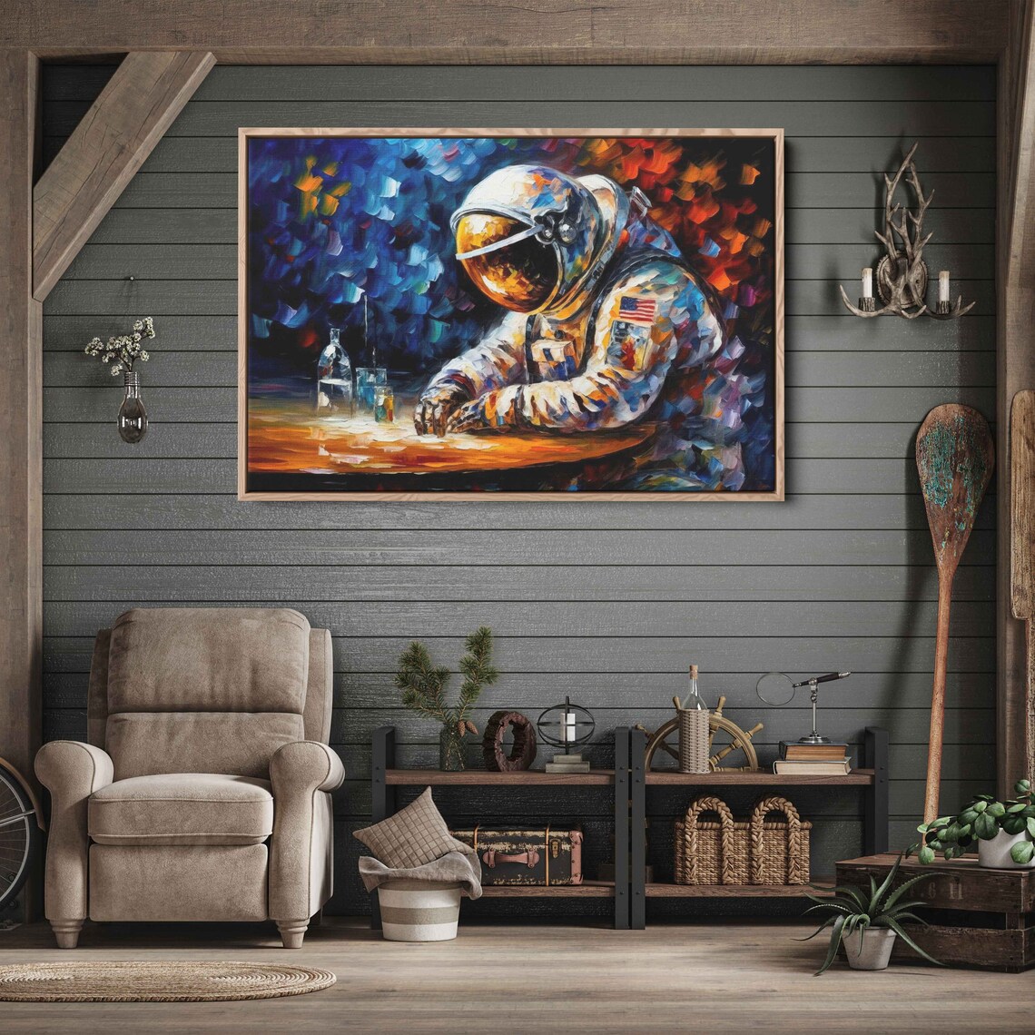 Astronaut At Bar Drinks Moody Colorful Palette Knife Oil Painting Art Print - Image 2