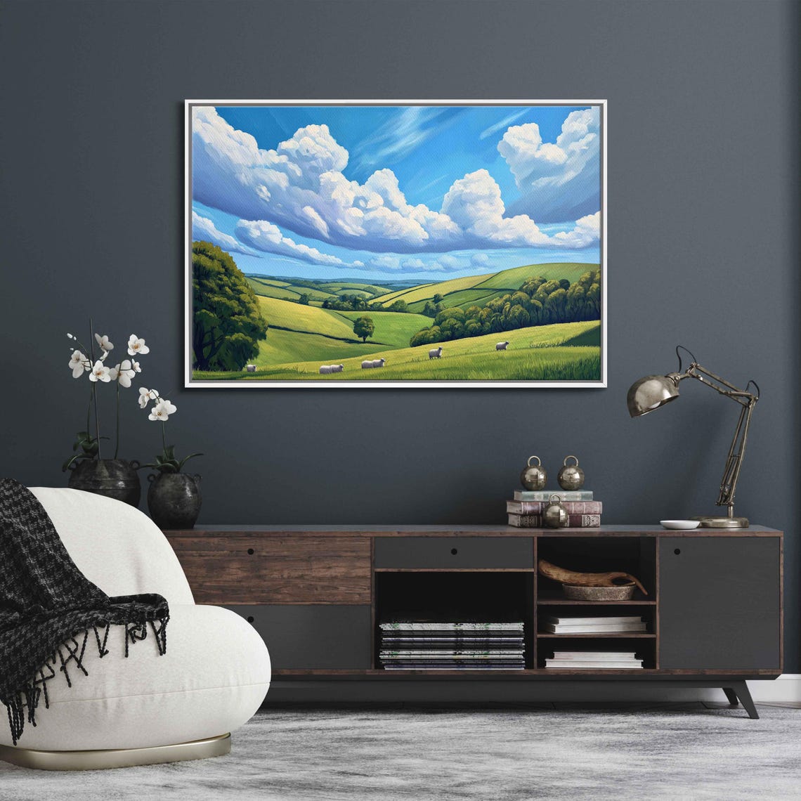 Sheep Grazing On Rolling Green Hills Under Dramatic Clouds Poster