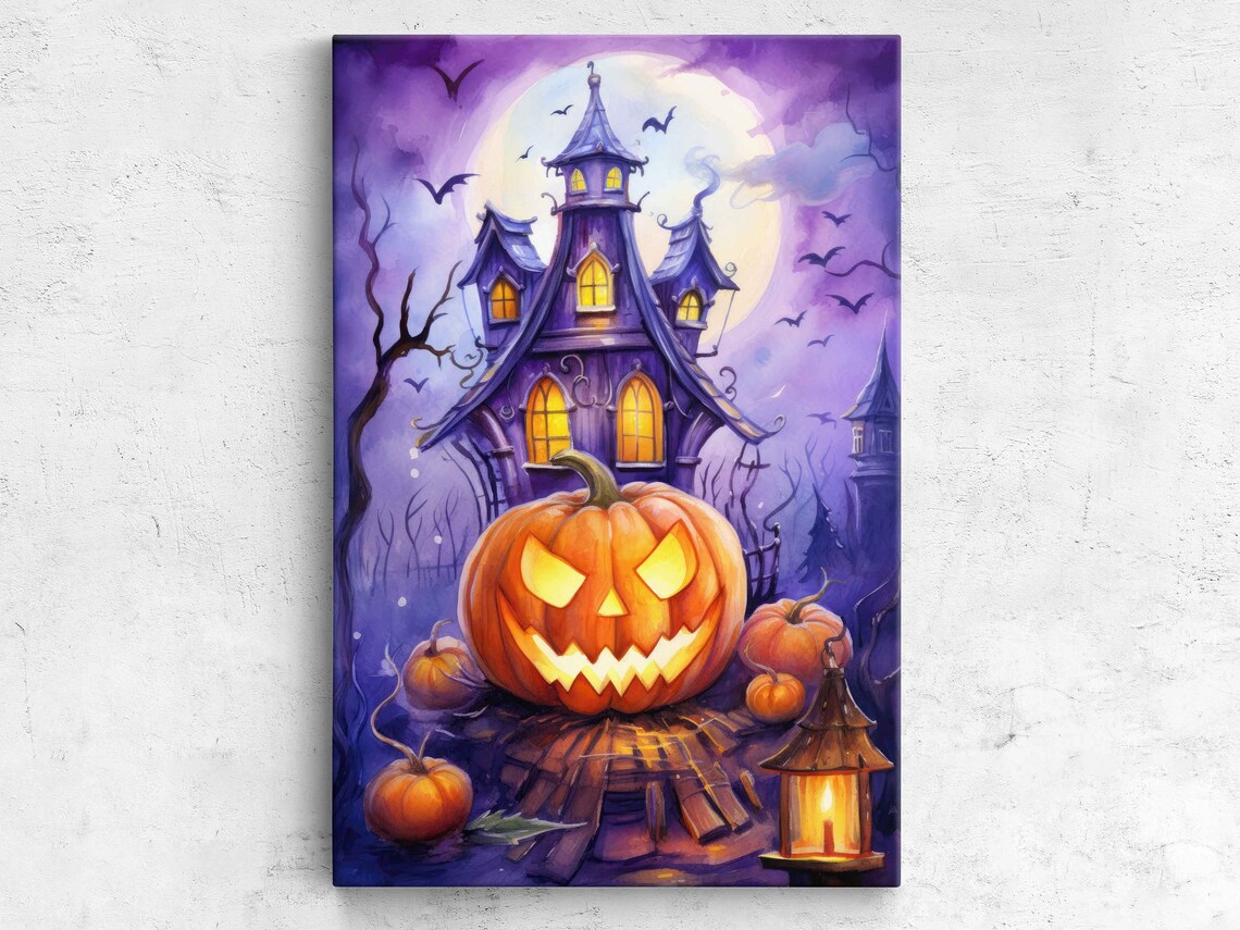 Halloween Haunted Castle Jack O Lantern Purple Sky Bats Watercolor Poster