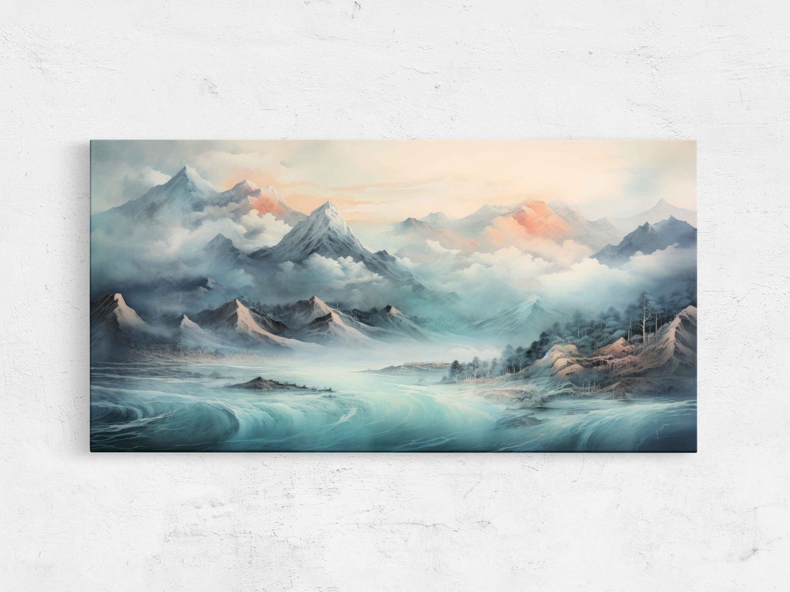 Misty Cloudy Mountains Turquoise Ocean Waves Japanese Art Wall Print