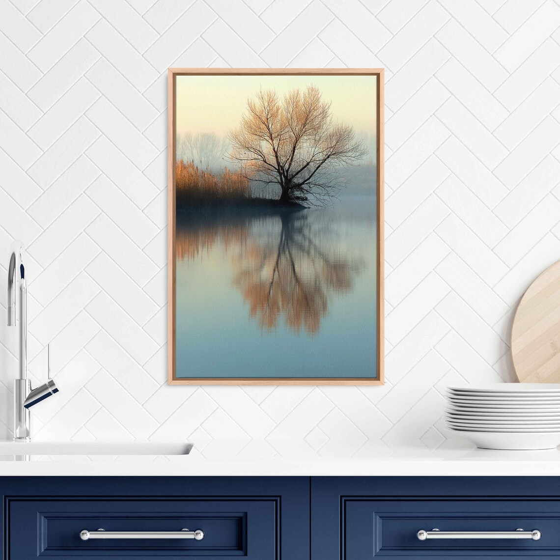 Lone Tree Reflection Calm Lakeshore Waters Morning Nature Photo Print - Image 3