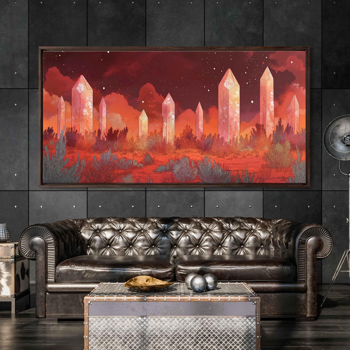 Red Crystal Obelisks Desert Night Starry Crimson Dusk Fantasy Poster