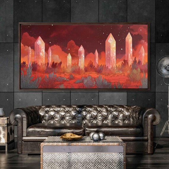 Ancient Obelisk Forest Wall Art Print Mystical Red Dusk Fantasy Atmosphere