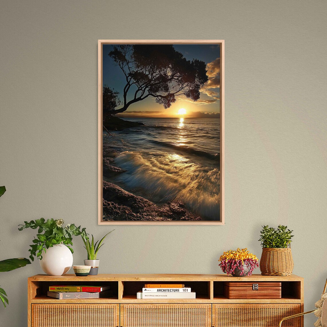 Coastal Sunset With Tree Overhanging Ocean Waves And Golden Light Travel Poster - Image 3