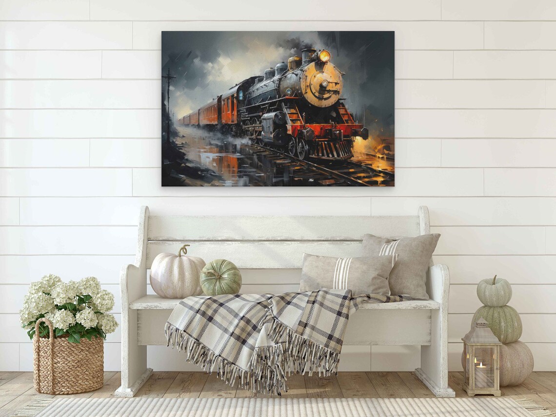 Steam Train in the Rain, Oil-Painting Art Print - Image 2