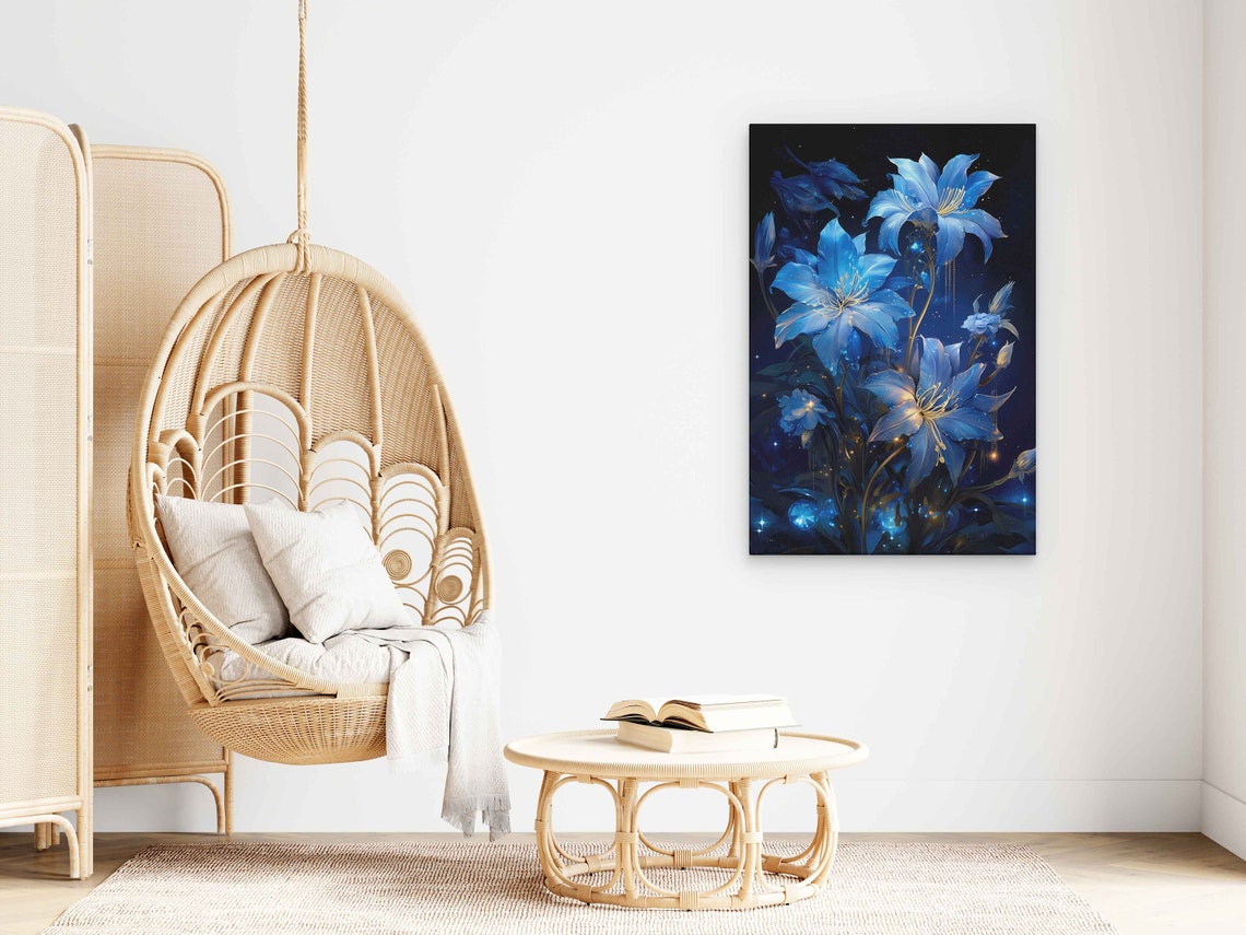 Glowing Blue Flowers Night Garden Fantasy Botanical Wall Art Print - Image 3