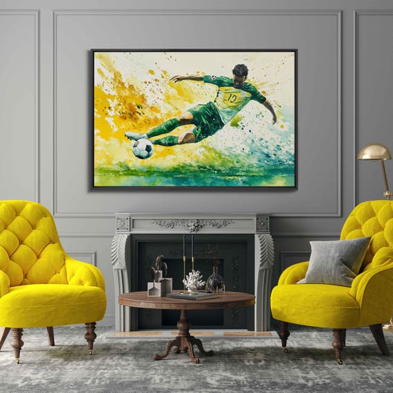 Soccer Player Kick Wall Art Print Dynamic Watercolor Scene Vibrant Green Yellow