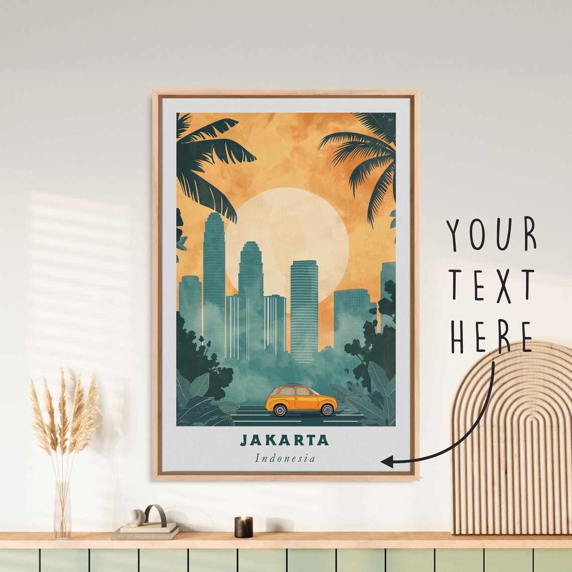 Jakarta Indonesia Vintage Skyline Sun Palm Fronds Orange Taxi Poster