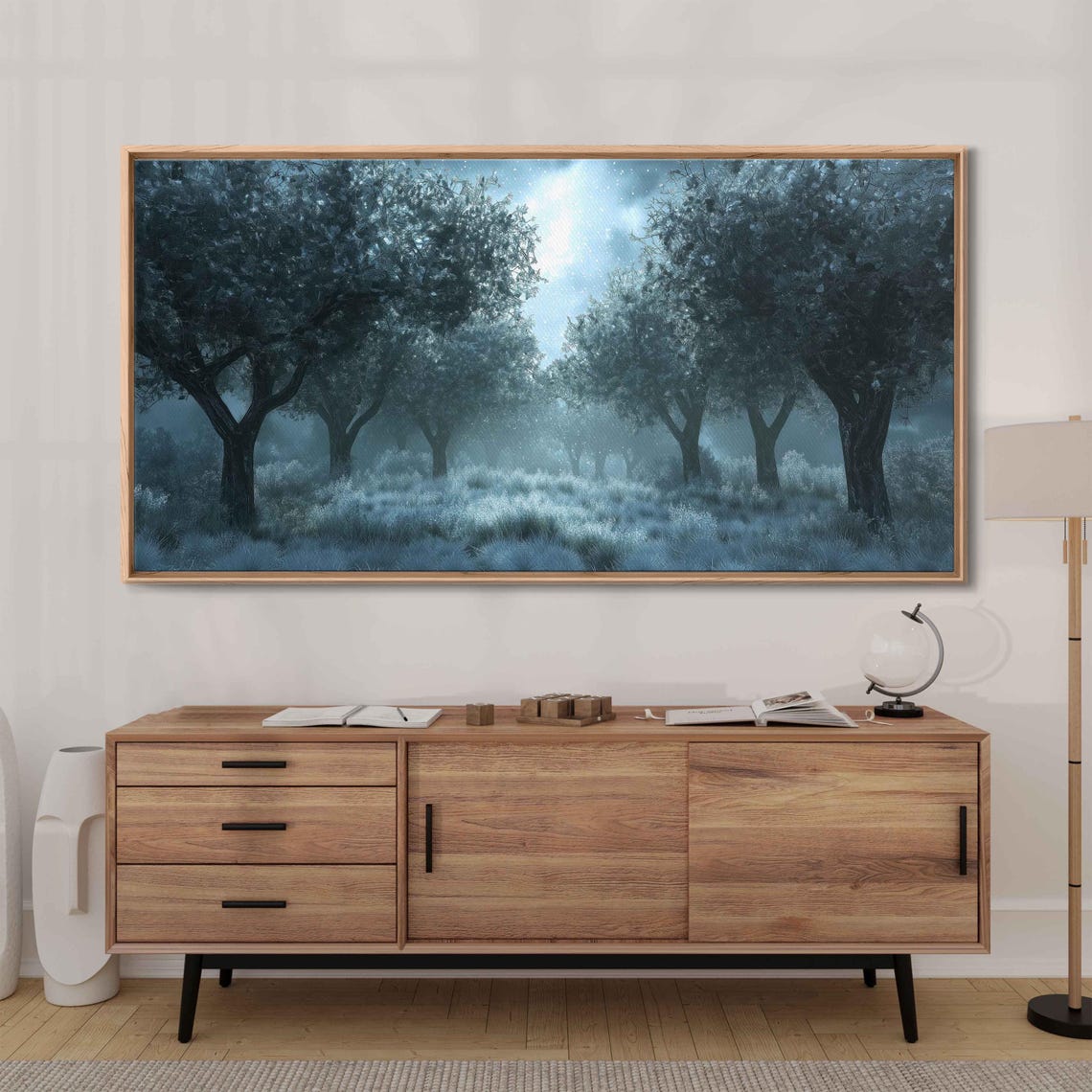 Silver Leafed Orchard Icy Blue Moonlight Misty Night Trees Poster