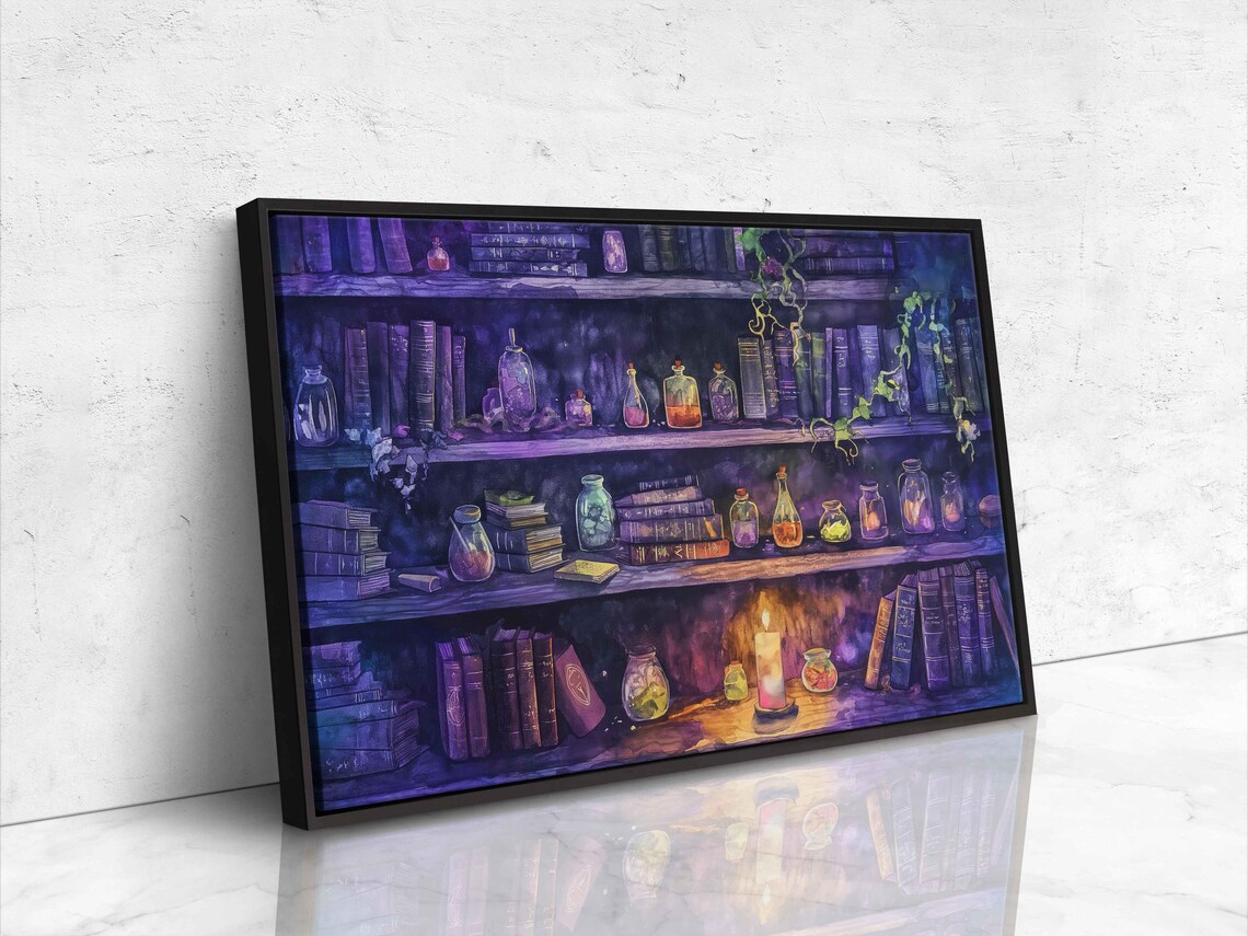 Whimsical Witch Library Bookshelves With Potions Halloween Watercolor Poster - Image 4