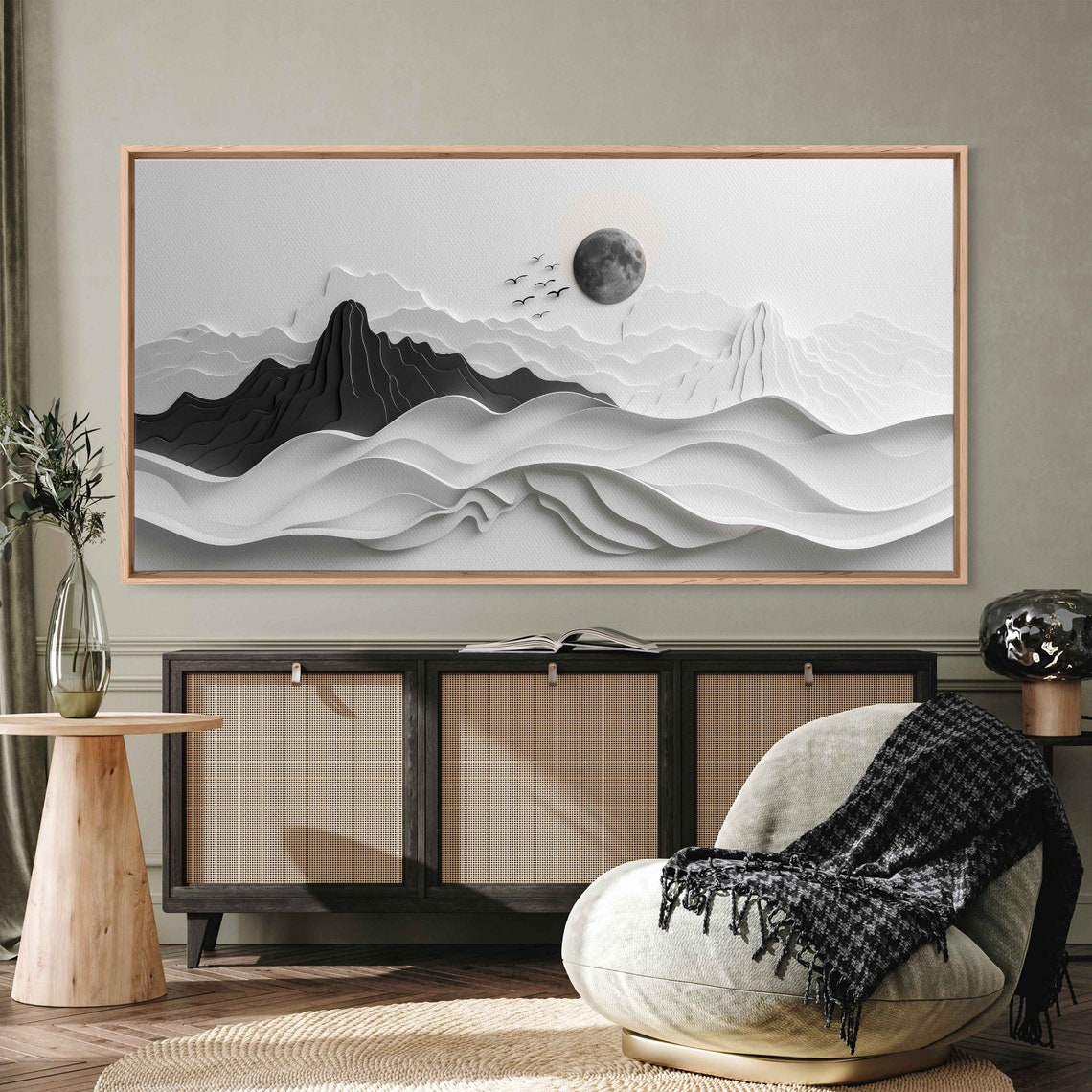 Paper Cut Layered Mountains Full Moon Birds Monochrome 3D Art Poster - Image 3