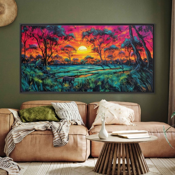 Neon African Plains Sunset Framed Print Ready To Hang