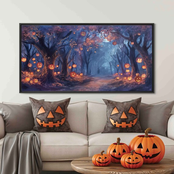 Enchanted Moonlit Forest With Glowing Jack O Lanterns Halloween Night Wall Art