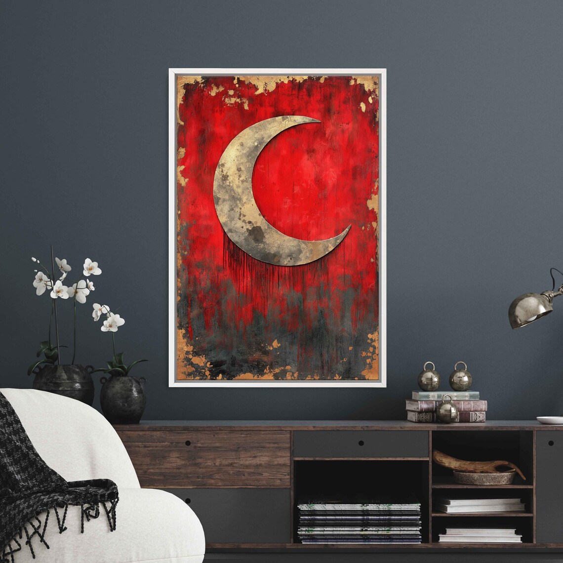 Silver Crescent Moon On Deep Red Textured Gold Leaf Abstract Sky Poster